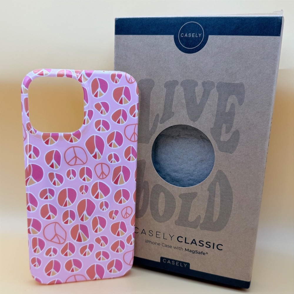 NEW IN BOX Casely IPhone 13 Pro Max Peace Sign Phone Case Pink Retro MagSafe